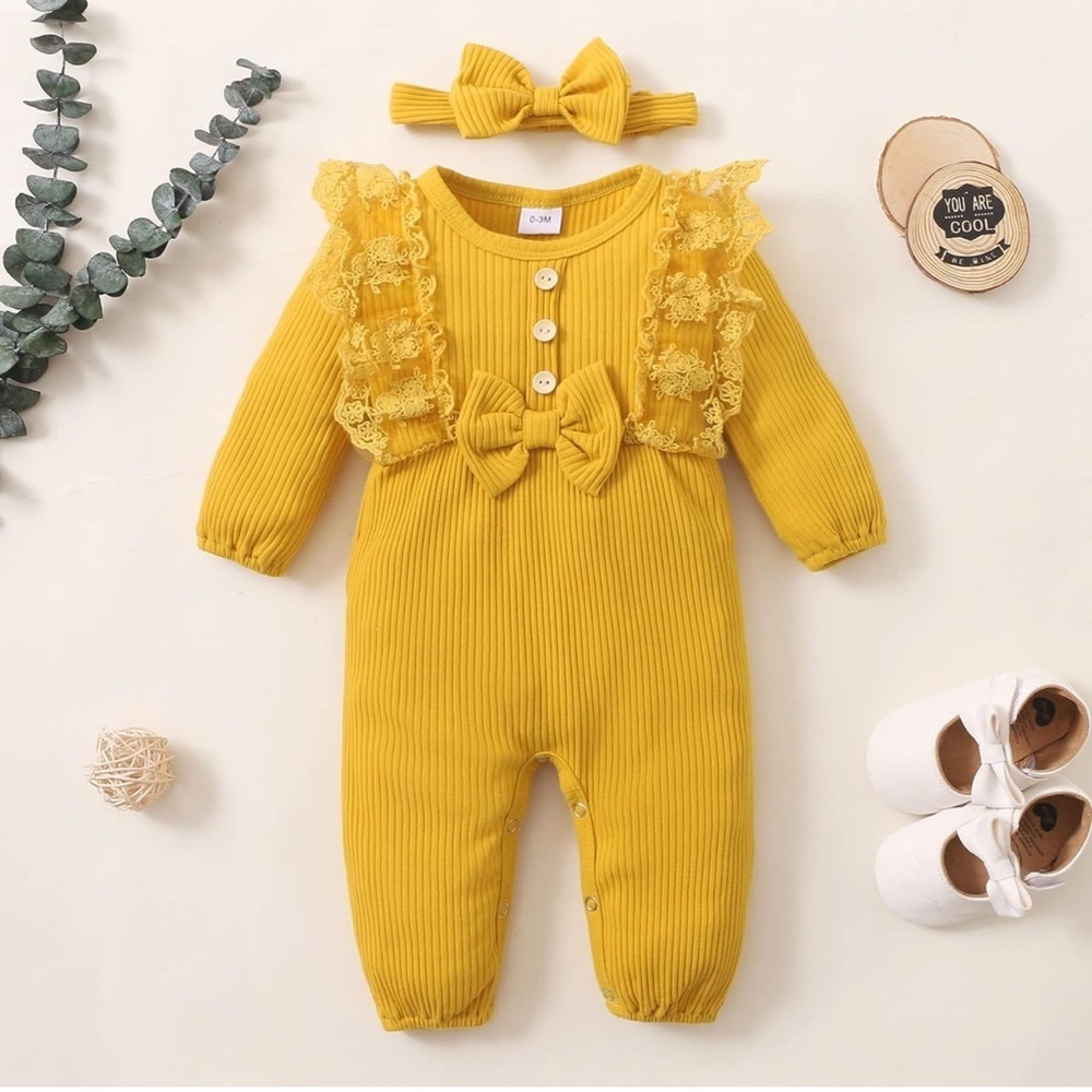 SOLOYEE Baby Girl Romper Ruffled Solid Long Sleeve Jumpsuit 3-6M